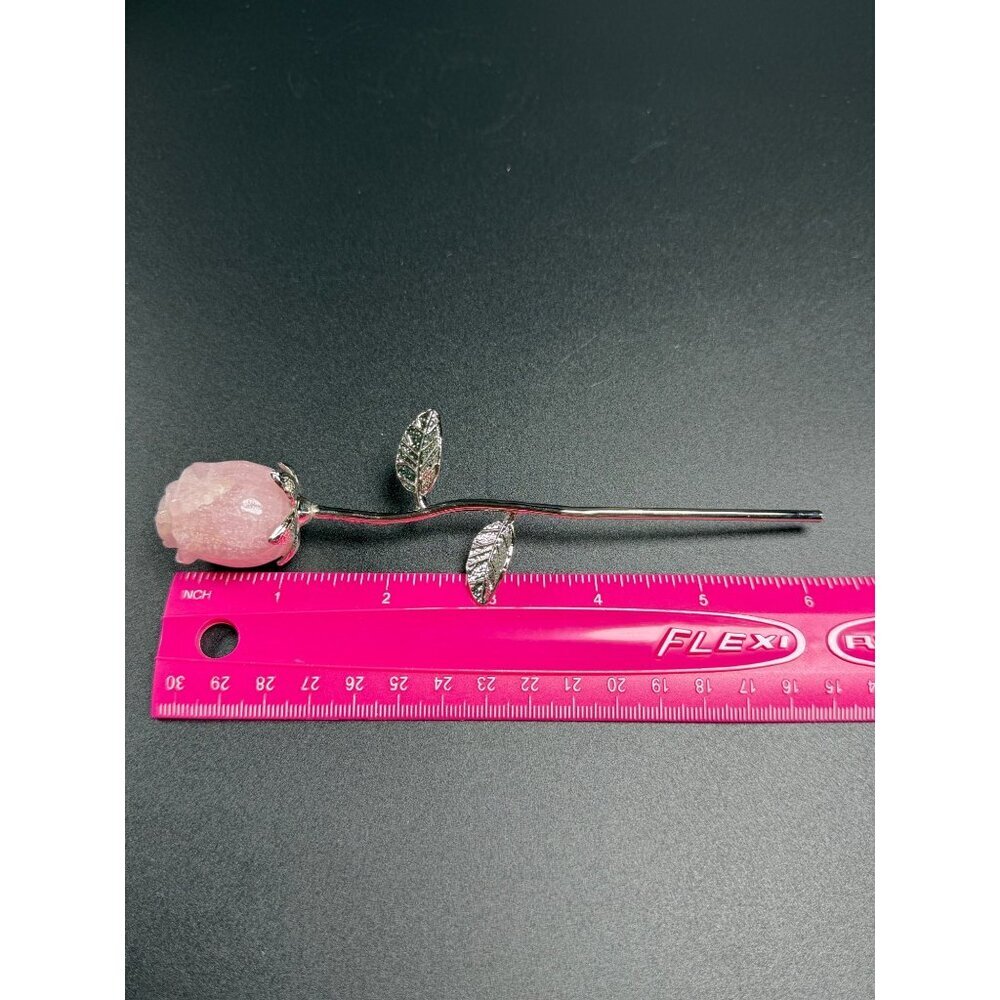 Hand Carved Rose Quartz Flower Pink Stone Healing Crystal Silver Tone Stem 6" - Picture 8 of 9